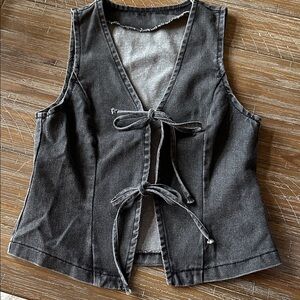 Women's Black Washed Tie-Front Denim Vest- XS